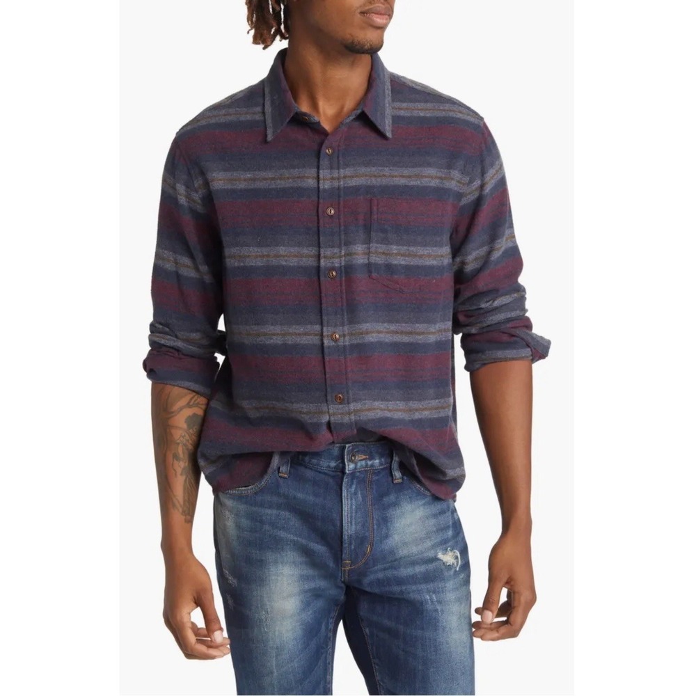 ROWM Flannel Shirt Mens 2XL Maroon Blue Stripe Flannel Long Sleeve Button Up